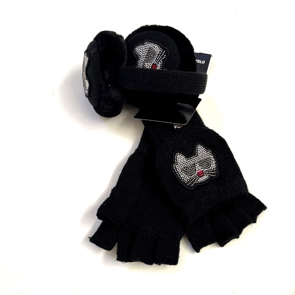 NWT 2pc KARL LAGERFELD Rhinestone Earmuff + Gloves Mittens Cat One Size Black - Picture 2 of 4